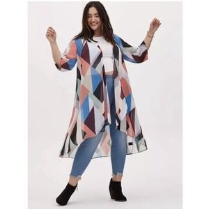 Torrid Colorful Geometric Chiffon Hi Low Duster Flowy Boho Kimono Size 1X 2X